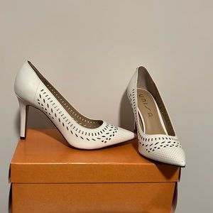 White pointed toe cut out heels